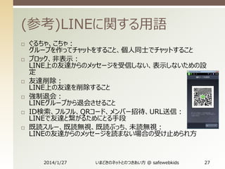 (参考)LINEに関する用語












ぐるちゃ、こちゃ：
グループを作ってチャットをすること、個人同士でチャットすること
ブロック、非表示：
LINE上の友達からのメッセージを受信しない、表示しないための設
定
友達削除：
LINE上の友達を削除すること
強制退会：
LINEグループから退会させること
ID検索、フルフル、QRコード、メンバー招待、URL送信：
LINEで友達と繋がるためにとる手段
既読スルー、既読無視、既読ぶっち、未読無視：
LINEの友達からのメッセージを読まない場合の受け止められ方

2014/1/27

いまどきのネットとのつきあい方 @ safewebkids

27

 