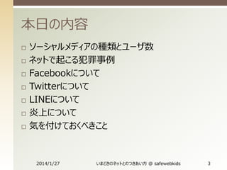 本日の内容









ソーシャルメディアの種類とユーザ数
ネットで起こる犯罪事例
Facebookについて
Twitterについて
LINEについて
炎上について
気を付けておくべきこと

2014/1/27

いまどきのネットとのつきあい方 @ safewebkids

3

 
