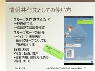 情報共有先としての使い方
•

グループを作成することで
一斉送信可能
→既読数で既読者確認

•

グループボードの使用
→イイネ で 既読表明
後からグループに入っても
内容確認可能

•

各種送信
・写真、動画、音声
・位置情報、連絡先(LINE)
・各種ファイル
2014/1/27

いまどきのネットとのつきあい方 @ safewebkids

31

 