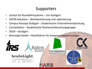 Supporters
•
•
•
•
•
•

Institut für Raumfahrtsysteme – Uni Stuttgart
ASTOS Solutions – Bahnbestimmung und -optimierung
Campus Konzept Stuttgart – Studentische Unternehmensberatung
Constellation – Studentische Nachwuchsforschungsgruppe
DGLR – Stuttgart
BrainLight GmbH – Marktführer für Entspannungstechnologie

34/ 37

 