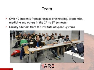 Team
• Over 40 students from aerospace engineering, economics,
medicine and others in the 1st to 9th semester
• Faculty advisors from the Institute of Space Systems

5/ 37

 