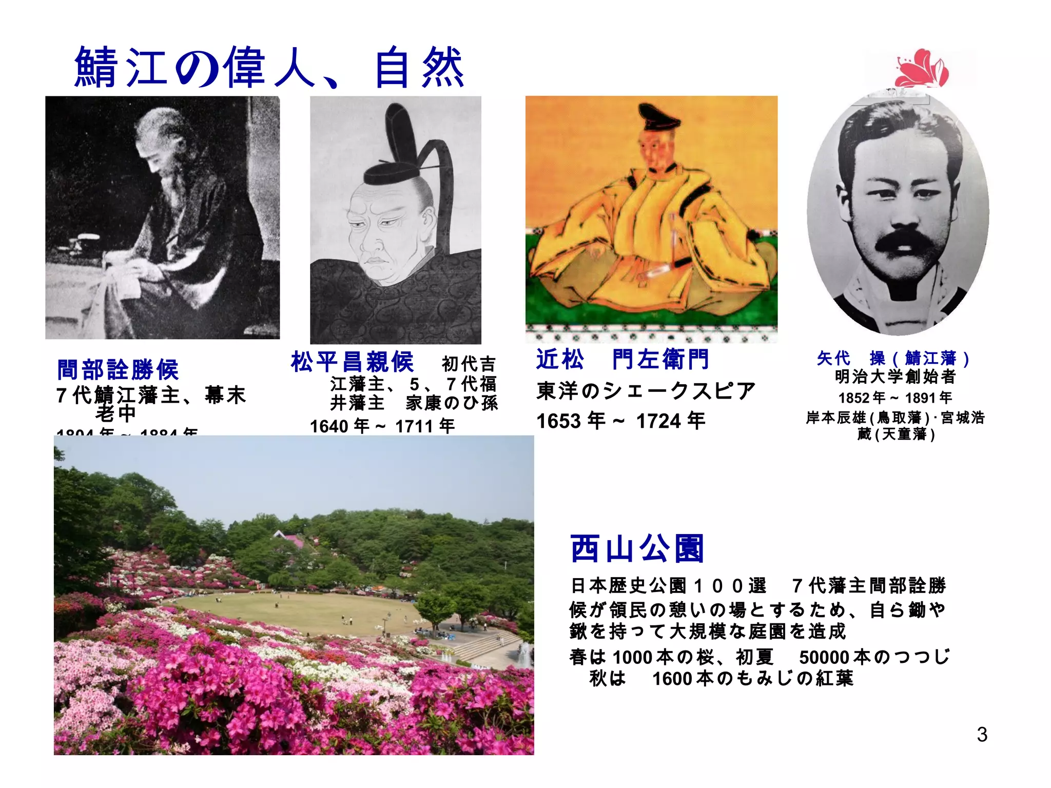 鯖江 の偉人 、自然

間部詮勝候　

7 代鯖江藩主、幕末
老中
1804 年～ 1884 年

松平昌親候　 初代吉

江藩主、 5 、 7 代福
井藩主　家康のひ孫
　 1640 年～ 1711 年

近松　門左衛門 　
東洋のシェークスピア
1653 年～ 1724 年

矢代　操（鯖江藩）
明治大学創始者
1852 年～ 1891 年
岸本辰雄 ( 鳥取藩 ) ･宮城浩
蔵 ( 天童藩 )

西山公園
日本歴史公園１００選　７代藩主 間部詮勝
候が領民の憩いの場とするため、自ら鋤や
鍬を持って大規模な庭園を造成
春は 1000 本の桜、初夏　 50000 本のつつじ
　秋は　 1600 本のもみじの紅葉

3

 