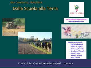 Alice Castello (Vc), 29/01/2014

Dalla Scuola alla Terra
http://semidiserra.altervista.org
semidiserra@gmail.com

•

Gruppo organizzatore:
✗ Pancrazio Bertaccini
✗ Renato De Regibus
✗ Ettore Macchieraldo
✗ Carlo Dante Milanello
✗ Eleonora Rosso
✗ Marcella Sarasino
✗ Nadia Zublena

I “Semi di Serra” e il valore della comunità... concreta

 
