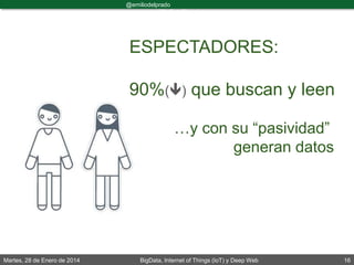 Martes, 28 de Enero de 2014 BigData, Internet of Things (IoT) y Deep Web 16
@emiliodelprado
#BigDataDircom
ESPECTADORES:
90%() que buscan y leen
…y con su “pasividad”
generan datos
 