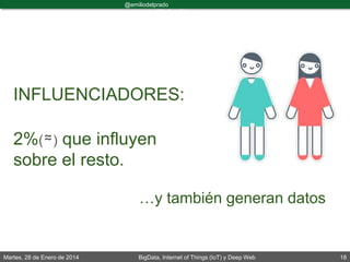 Martes, 28 de Enero de 2014 BigData, Internet of Things (IoT) y Deep Web 18
@emiliodelprado
#BigDataDircom
INFLUENCIADORES:
2%(≈) que influyen
sobre el resto.
…y también generan datos
 