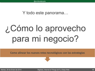 Martes, 28 de Enero de 2014 BigData, Internet of Things (IoT) y Deep Web 45
@emiliodelprado
#BigDataDircom
Y todo este panorama…
¿Cómo lo aprovecho
para mi negocio?
Como alinear los nuevos retos tecnológicos con las estrategias
 
