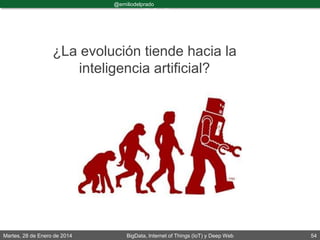 Martes, 28 de Enero de 2014 BigData, Internet of Things (IoT) y Deep Web 54
@emiliodelprado
#BigDataDircom
¿La evolución tiende hacia la
inteligencia artificial?
 