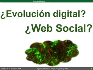 Martes, 28 de Enero de 2014 BigData, Internet of Things (IoT) y Deep Web 8
@emiliodelprado
#BigDataDircom
¿Web Social?
¿Evolución digital?
 