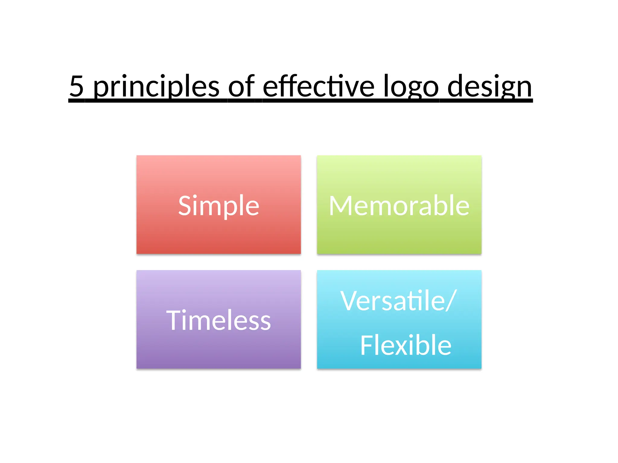 Simple Memorable
Timeless
Versatile/
Flexible
5 principles of eﬀective logo design
 