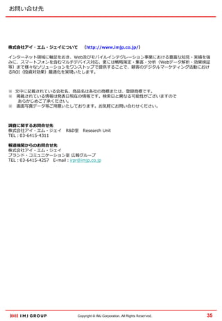 お問い合せ先

株式会社アイ・エム・ジェイについて

（http://www.imjp.co.jp/）

インターネット領域に軸足をおき、Web及びモバイルインテグレーション事業における豊富な知見・実績を強
みに、スマートフォンを含むマルチデバイス対応、更には戦略策定・集客・分析（Webデータ解析・効果検証
等）まで様々なソリューションをワンストップで提供することで、顧客のデジタルマーケティング活動におけ
るROI（投資対効果）最適化を実現いたします。

※ 文中に記載されている会社名、商品名は各社の商標または、登録商標です。
※ 掲載されている情報は発表日現在の情報です。検索日と異なる可能性がございますので
あらかじめご了承ください。
※ 画面写真データ等ご用意いたしております。お気軽にお問い合わせください。

調査に関するお問合せ先
株式会社アイ・エム・ジェイ
TEL：03-6415-4311

R&D室

Research Unit

報道機関からのお問合せ先
株式会社アイ・エム・ジェイ
ブランド・コミュニケーション室 広報グループ
TEL：03-6415-4257 E-mail：irpr@imjp.co.jp

Copyright © IMJ Corporation. All Rights Reserved.

35

 