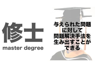 修士
master degree

与えられた問題
に対して
問題解決手法を
生み出すことが
できる

 