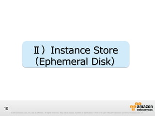 Ⅱ）Instance  Store
（Ephemeral  Disk）

10
© 2012 Amazon.com, Inc. and its affiliates. All rights reserved. May not be copied, modified or distributed in whole or in part without the express consent of Amazon.com, Inc.

 