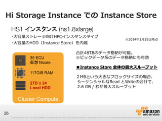 Hi  Storage  Instance  での  Instance  Store
HS1 インスタンス (hs1.8xlarge)
･⼤大容量量ストレージ向けHPCインスタンスタイプ
･⼤大容量量のHDD（Instance  Store）を内蔵
35 ECU
仮想16core
117GiB RAM
2TB x 24
Local HDD

※2014年年1⽉月29⽇日時点

合計48TBのデータ格納が可能。
※ビックデータ系のデータ格納にも有効
■Instance  Store  全体の最⼤大スループット
２MBという⼤大きなブロックサイズの場合、
  シーケンシャルなRead  とWriteの合計で、
  2.6  GB  /  秒が最⼤大スループット

Cluster Compute
26
© 2012 Amazon.com, Inc. and its affiliates. All rights reserved. May not be copied, modified or distributed in whole or in part without the express consent of Amazon.com, Inc.

 