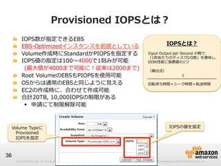 EBS

Provisioned  IOPSとは？

!   IOPS数が指定できるEBS
! EBS-‐‑‒Optimizedインスタンスを前提としている
!   Volume作成時にStandardかPIOPSを指定する
!   IOPS値の指定は100〜～4000で1刻みが可能
 　 　(最⼤大値が4000まで可能に！従来は2000まで)
!   Root  VolumeのEBSもPIOPSを使⽤用可能
!   OSからは通常のEBSと同じように⾒見見える
!   EC2の作成時に、合わせて作成可能
!   合計20TB,  10,000IOPSの制限がある
§  申請にて制限解除可能

Volume  Typeに
Provisoned  
IOPSを指定

IOPSとは？
Input  Output  per  Second  の略略で、
「1秒あたりのディスクI/O数」を意味し、
DISK性能に指標値の1つ
（算出式） 　
                                                      1
回転待ち時間＋シーク時間＋転送時間

IOPSの値を指定

36
© 2012 Amazon.com, Inc. and its affiliates. All rights reserved. May not be copied, modified or distributed in whole or in part without the express consent of Amazon.com, Inc.

 