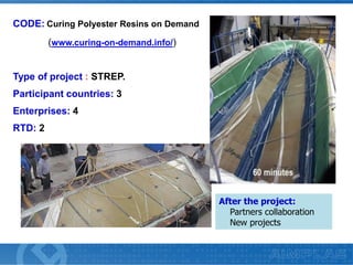 CODE: Curing Polyester Resins on Demand
(www.curing-on-demand.info/)

Type of project : STREP.
Participant countries: 3
Enterprises: 4
RTD: 2

After the project:
Partners collaboration
New projects

 