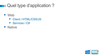 Quel type d’application ?
 Web



Client / HTML/CSS/JS
Services / C#

 Native

 