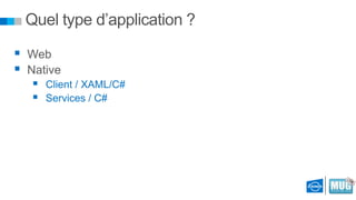 Quel type d’application ?
 Web
 Native



Client / XAML/C#
Services / C#

 