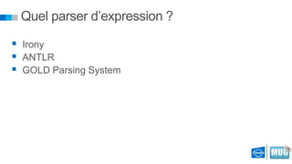 Quel parser d’expression ?
 Irony
 ANTLR
 GOLD Parsing System

 