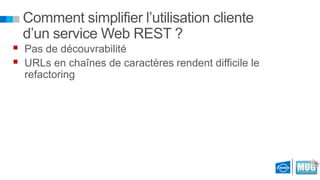 Comment simplifier l’utilisation cliente
d’un service Web REST ?

 Pas de découvrabilité
 URLs en chaînes de caractères rendent difficile le
refactoring

 
