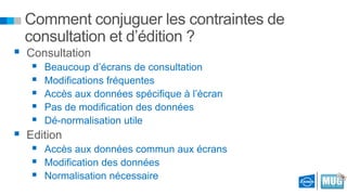 Comment conjuguer les contraintes de
consultation et d’édition ?

 Consultation






Beaucoup d’écrans de consultation
Modifications fréquentes
Accès aux données spécifique à l’écran
Pas de modification des données
Dé-normalisation utile





Accès aux données commun aux écrans
Modification des données
Normalisation nécessaire

 Edition

 