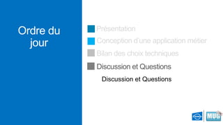 Ordre du
jour

Présentation
Conception d’une application métier

Bilan des choix techniques
Discussion et Questions
Discussion et Questions

 
