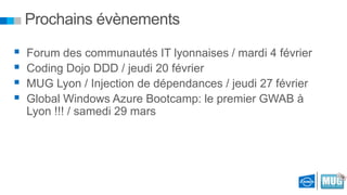 Prochains évènements





Forum des communautés IT lyonnaises / mardi 4 février
Coding Dojo DDD / jeudi 20 février
MUG Lyon / Injection de dépendances / jeudi 27 février
Global Windows Azure Bootcamp: le premier GWAB à
Lyon !!! / samedi 29 mars

 