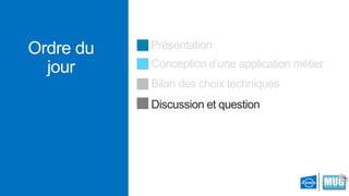 Ordre du
jour

Présentation
Conception d’une application métier

Bilan des choix techniques
Discussion et question

 