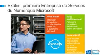 Exakis, première Entreprise de Services
du Numérique Microsoft
Notre métier
Intégration
de solutions
pour l'entreprise
basée sur
la plateforme
Microsoft

Notre
positionnement
Partenaire
pure-player
de Microsoft
leader en France
Notre objectif
Vous apporter
des solutions
technologiques
qui vous
permettront
d’améliorer
vos performances

 