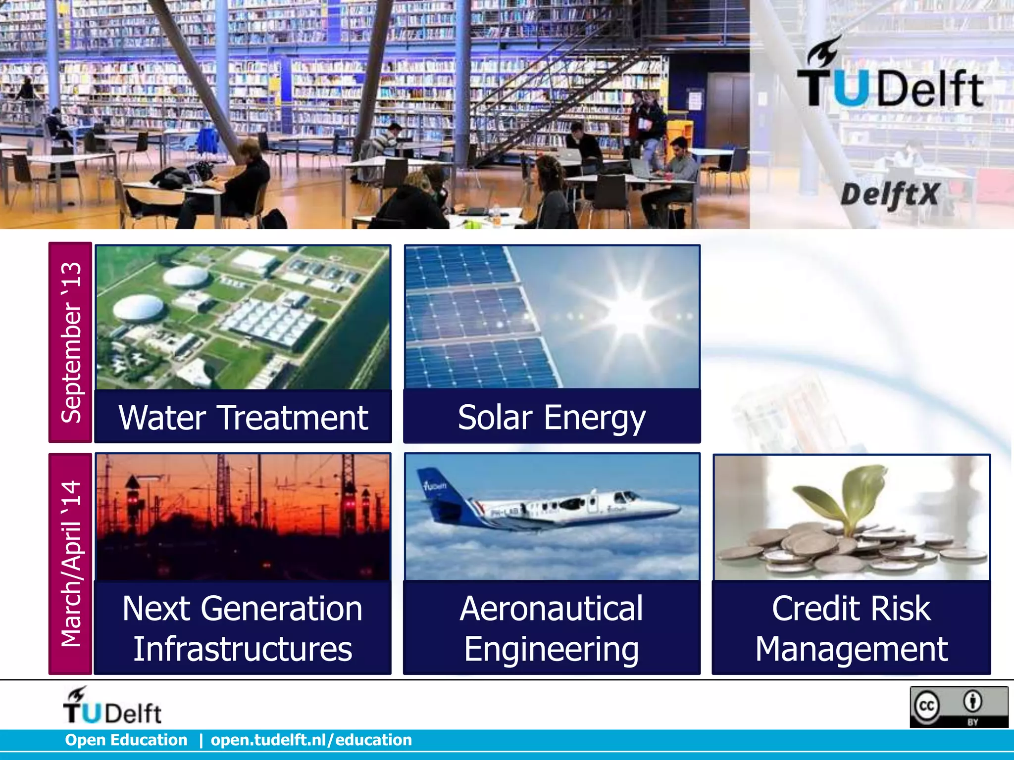March/April ‘14

September ‘13

DelftX Courses

Water Treatment

Solar Energy

Next Generation
Infrastructures

Aeronautical
Engineering

Open Education | open.tudelft.nl/education

Credit Risk
Management

 
