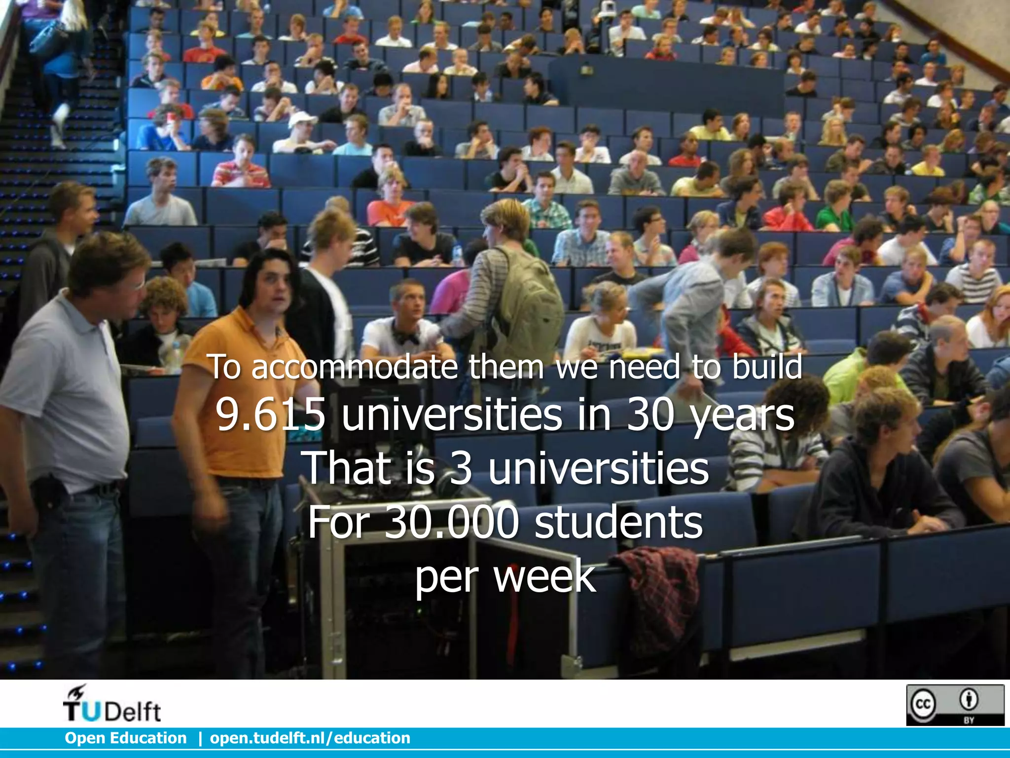 To accommodate them we need to build

9.615 universities in 30 years
That is 3 universities
For 30.000 students
per week

Open Education | open.tudelft.nl/education

 