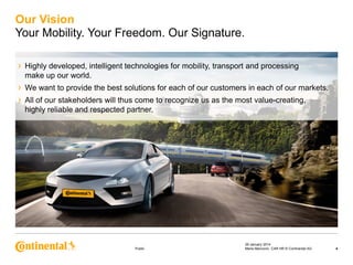 Our Vision
Your Mobility. Your Freedom. Our Signature.
›

Highly developed, intelligent technologies for mobility, transport and processing
make up our world.

›
›

We want to provide the best solutions for each of our customers in each of our markets.
All of our stakeholders will thus come to recognize us as the most value-creating,
highly reliable and respected partner.

Public

29 January 2014
Maria Marcovici, CAR HR © Continental AG

4

 