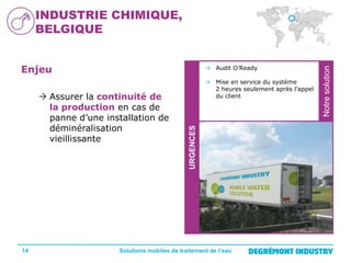  Audit O’Ready

14

URGENCES

 Assurer la continuité de
la production en cas de
panne d’une installation de
déminéralisation
vieillissante

 Mise en service du système
2 heures seulement après l’appel
du client

Solutions mobiles de traitement de l’eau

Notre
solution

Enjeu

Notre solution

INDUSTRIE CHIMIQUE,
BELGIQUE

 