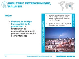 18

Filtration sur cartouche, 2 unités
d’OI en simple passe, 1 unité
FractalO et skids de lit mélangé
pour le polissage.
Qualité de l’eau : < 0,2 µS/cm et
teneur en SiO2 < 20 ppb

Solutions mobiles de traitement de l’eau

Notre
solution

Prendre en charge
l’intégralité de la
production de
l’installation de
déminéralisation du site
pendant une intervention
de maintenance

INTERVENTIONS PLANIFIÉES

Enjeu

Notre solution

INDUSTRIE PÉTROCHIMIQUE,
MALAISIE

 