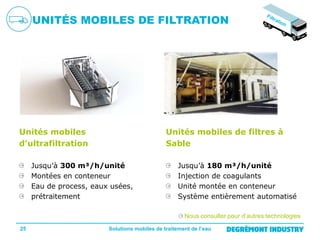 UNITÉS MOBILES DE FILTRATION

Unités mobiles
d’ultrafiltration

Unités mobiles de filtres à
Sable

Jusqu’à 300 m³/h/unité
Montées en conteneur
Eau de process, eaux usées,
prétraitement

Jusqu’à 180 m³/h/unité
Injection de coagulants
Unité montée en conteneur
Système entièrement automatisé
Nous consulter pour d’autres technologies

25

Solutions mobiles de traitement de l’eau

 