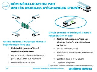 DÉMINÉRALISATION PAR
UNITÉS MOBILES D’ÉCHANGES D’IONS

Unités mobiles d’échanges d’ions à
régénération in situ
Résines échangeuses d’ions sur

Unités mobiles d’échanges d’ions à
régénération hors site

plancher fractal*, une technologie
exclusive

Unités d’échanges d’ions à

De 60 à 180 m³/h/unité

régénération externe

Régénération des résines in situ en toute

Aucun produit chimique dangereux,

sécurité

pas d’eaux usées sur votre site

Qualité de l’eau : < 0,2 µS/cm

Commande automatique

Logistique simplifiée

* Utilisation d’Advanced AmberpackTM (marque déposée de Dow)
27

Solutions mobiles de traitement de l’eau

 