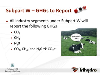 Subpart W – GHGs to Report


All industry segments under Subpart W will
report the following GHGs






CO2
CH4
N20
CO2, CH4, and N20  CO2e

 