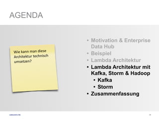 codecentric	
  AG
• Motivation & Enterprise
Data Hub
• Beispiel
• Lambda Architektur
• Lambda Architektur mit
Kafka, Storm...