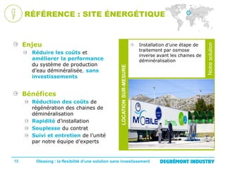 Bénéfices
Réduction des coûts de
régénération des chaines de
déminéralisation
Rapidité d’installation
Souplesse du contrat
Suivi et entretien de l’unité
par notre équipe d’experts

12

LOCATION SUR-MESURE

Réduire les coûts et
améliorer la performance
du système de production
d’eau déminéralisée, sans
investissements

Installation d’une étape de
traitement par osmose
inverse avant les chaines de
déminéralisation

Oleasing : la flexibilité d’une solution sans investissement

Notre
solution

Enjeu

Notre solution

RÉFÉRENCE : SITE ÉNERGÉTIQUE ESPAGNE

 