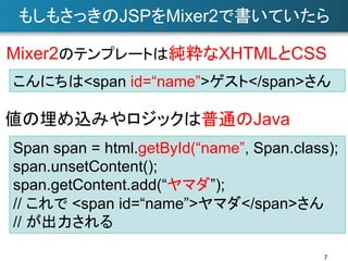 もしもさっきのJSPをMixer2で書いていたら	
Mixer2のテンプレートは純粋なXHTMLとCSS	
こんにちは<span id=“name”>ゲスト</span>さん

値の埋め込みやロジックは普通のJava	
Span span = html.getById(“name”, Span.class);
span.unsetContent();
span.getContent.add(“ヤマダ”);
// これで <span id=“name”>ヤマダ</span>さん
// が出力される
7	

 