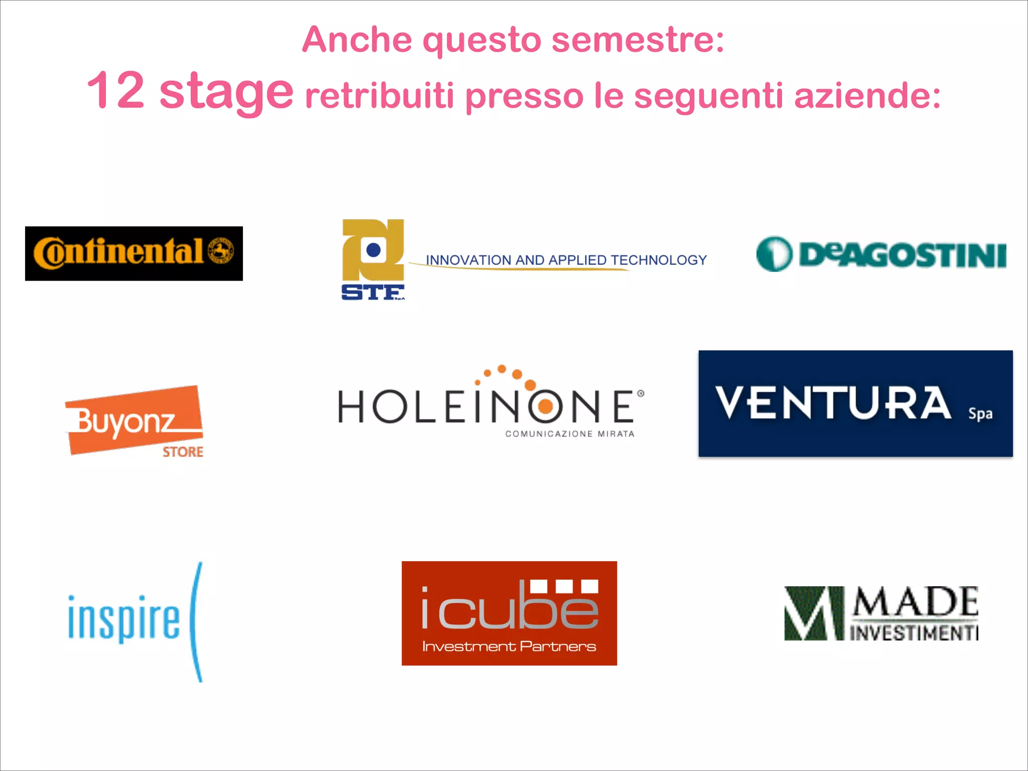 Anche questo semestre:

12 stage retribuiti presso le seguenti aziende:

 