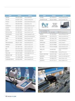 110
업체명 전화번호 홈페이지
유로마킹 053)524-8009 www.유로마킹.kr
이노스타 02)3427-7100 www.innosta.com
이디오스 031)234-0391 www.idiosolution.co.kr
이스코 032)433-1582 www.isko.co.kr
이오테크닉스 031)422-2501 www.eotechnics.com
인레이저 032)624-3215 www.inlaser.co.kr
인터맥마킹 02)855-4002 www.macell.com
일우인터내셔날 031)608-2451 www.ilwooin.co.kr
정인테크놀로지 02-2627-5566 www.jungintech.com
제일엠텍 031-776-0803 www.pinmarking.com
제이원 031)458-9300 www.joneco.com
진영 031)238-5877 www.markpoint.co.kr
케이아이티코리아 054)471-7921 www.kitkorea.net
케이엠시스 02)575-6693 www.kmsys.co.kr
코리아트 031)426-1123 www.coryart.co.kr
쿱스 031)913-3149 www.coofs.co.kr
탑레이저 070-8730-3357 www.etoplaser.com
테크노마킹 055)297-8383 www.kgkkorea.co.kr
토탈마킹시스템 031)790-4435 www.ijp.kr
티에이에스 031)8086-5290 www.tascorp.co.kr
파스웰드풍산레이저 02-6343-0000 www.fasweld.com
업체명 전화번호 홈페이지
피사마킹 031)796-5077 www.pmarking.com
피코레이저시스템 032)327-8593 www.picolaser.net
필옵틱스 031)292-8321 www.philoptics.com
하이텍엔지니어링 031)479-0710 www.clc-korea.co.kr
한국알엠아이 031)454-1792 www.rmikorea.com
한국테크 031)212-1711 www.한국테크.kr
한맥하이테크 043)234-9900 www.imaje.kr
한스레이저 02)2197-8839 www.hanslaser.co.kr
한스 씨앤씨 070-4118-6436 www.hanscnc.co.kr
한올시스텍 02)859-6301
www.hanallsystech.
co.kr
해광 070)8805-5492 www.all-4u.co.kr
현대조각 레이저마킹 032)678-1852 www.hyunde7.co.kr
혜성패키징 053)633-0094 www.hs-marking.co.kr
화인티엠 02)2666-6797 www.finetm.co.kr
효성레이저 031)477-8112 www.hylaser.co.kr
레이저마킹기
QRCODE
2DBARCODE
SERIALNUMBER
www.peoplelaser.com
전화 031-420-8292 팩스 031-420-8290 담당자 서창성이사(plt@peoplelaser.com)
 