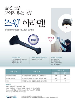 높은 곳?
보이지 않는 곳?
‘스윙’ 이라면!
응 용 구 분 응 용 상 세
지 원 기 능
정수점검 검색
옥내외 시설물관리 도로 표지판관리, 간판관리, 옥내 중계기관리
도서 및 문서관리 검찰청 기록물 관리 – 조달청 ‘나라장터’ 등록
기타 의약품 재고관리, 재물관리, 창고관리, 의류관리
경기도 군포시 당정동 16-1 한솔테크노타운 507호
TEL : 031-427-3037 | FAX : 031-427-3039 | www.nethom.co.kr | E-mail : sales@nethom.co.kr
제품사양
UHF 900MHz EPC Class1 Gen2 지원
지향성 안테나 내장 : 특정 태그 검색 및 추적 가능 (70˚의 좁은 빔폭)
Bluetooth, USB 통신 : 스마트폰(Android, CE), PDA, 노트북 등과 연동
Dimensions : 430 x 190 x 18 mm, 350g
여기있군
^_^;
?
RFID HanDHelD ReaDeR SWInG
인식거리 향상
기존 자사제품 대비 50% 증가
라벨태그 : 8 ~ 10m
메탈태그 : 6 ~ 9m
대용량 배터리 업그레이드
최대 5시간 연속 사용
다목적 디스플레이
태그 개수 표시
인식 태그ID 표시
배터리 상태 모니터링
리더 RF 출력 표시
NEW
 