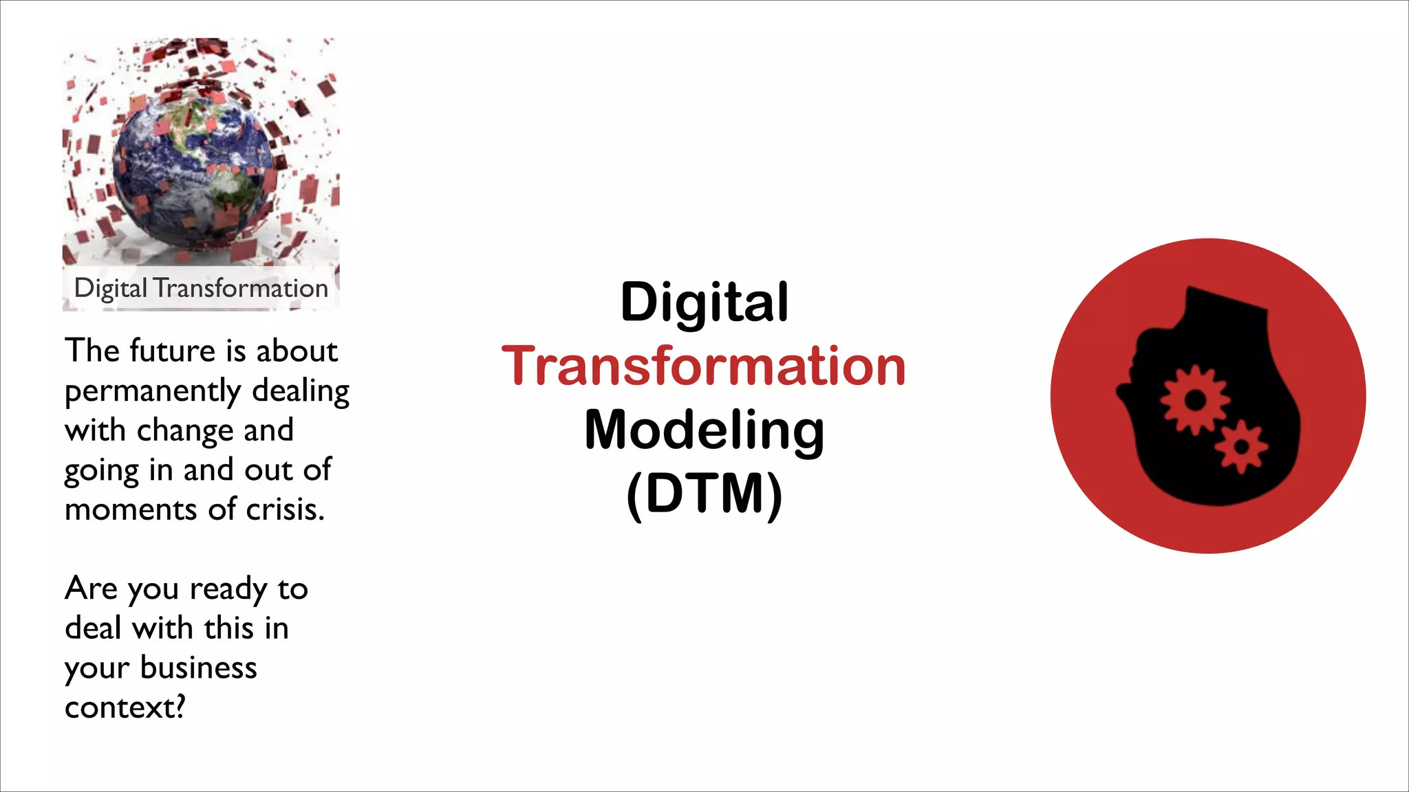 Digital Transformation

The future is about
permanently dealing
with change and
going in and out of
moments of crisis.	

!

Are you ready to
deal with this in
your business
context?

Digital
Transformation
Modeling
(DTM)

 