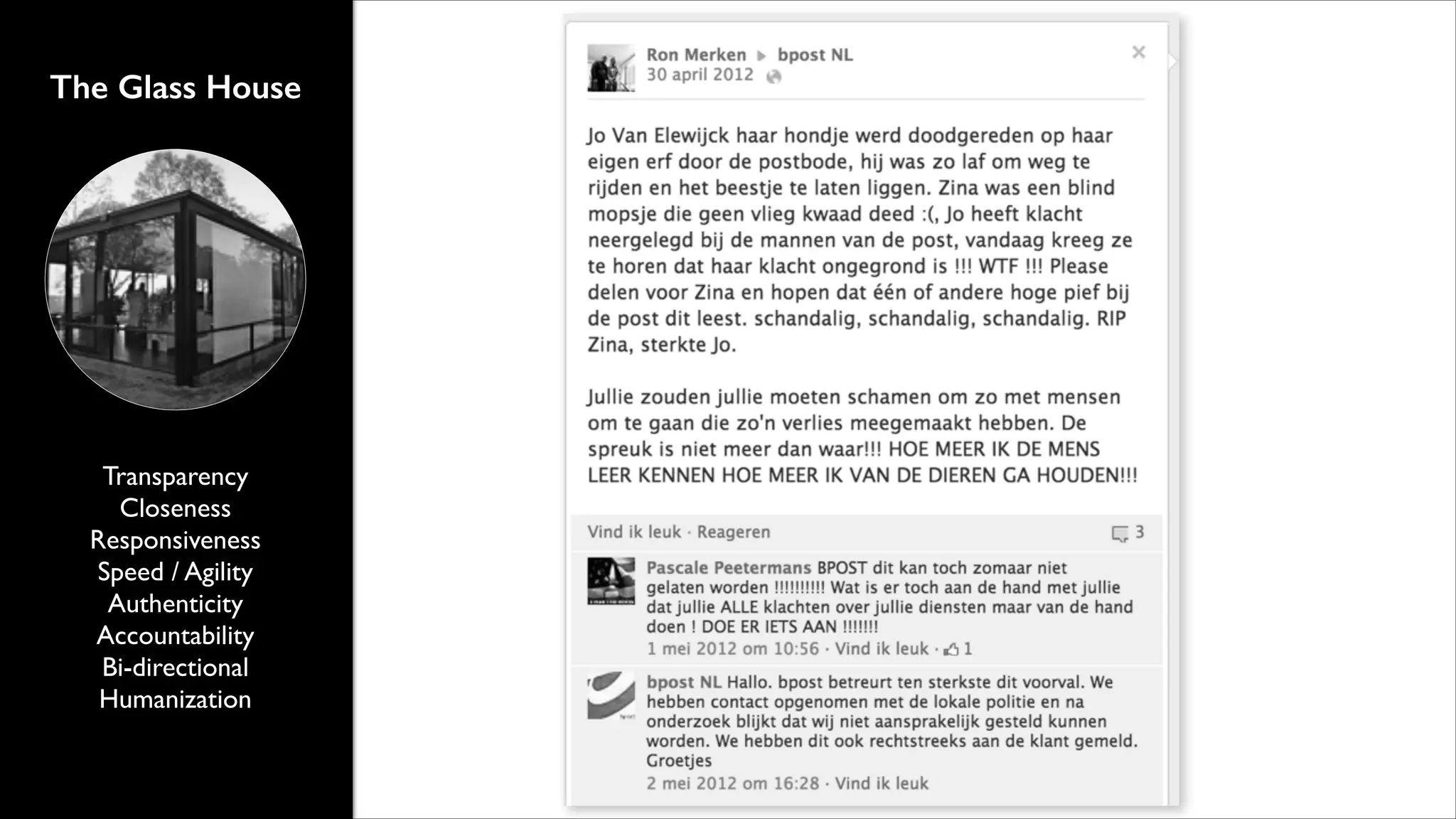 The Glass House

Transparency	

Closeness	

Responsiveness	

Speed / Agility	

Authenticity	

Accountability	

Bi-directional	

Humanization

 