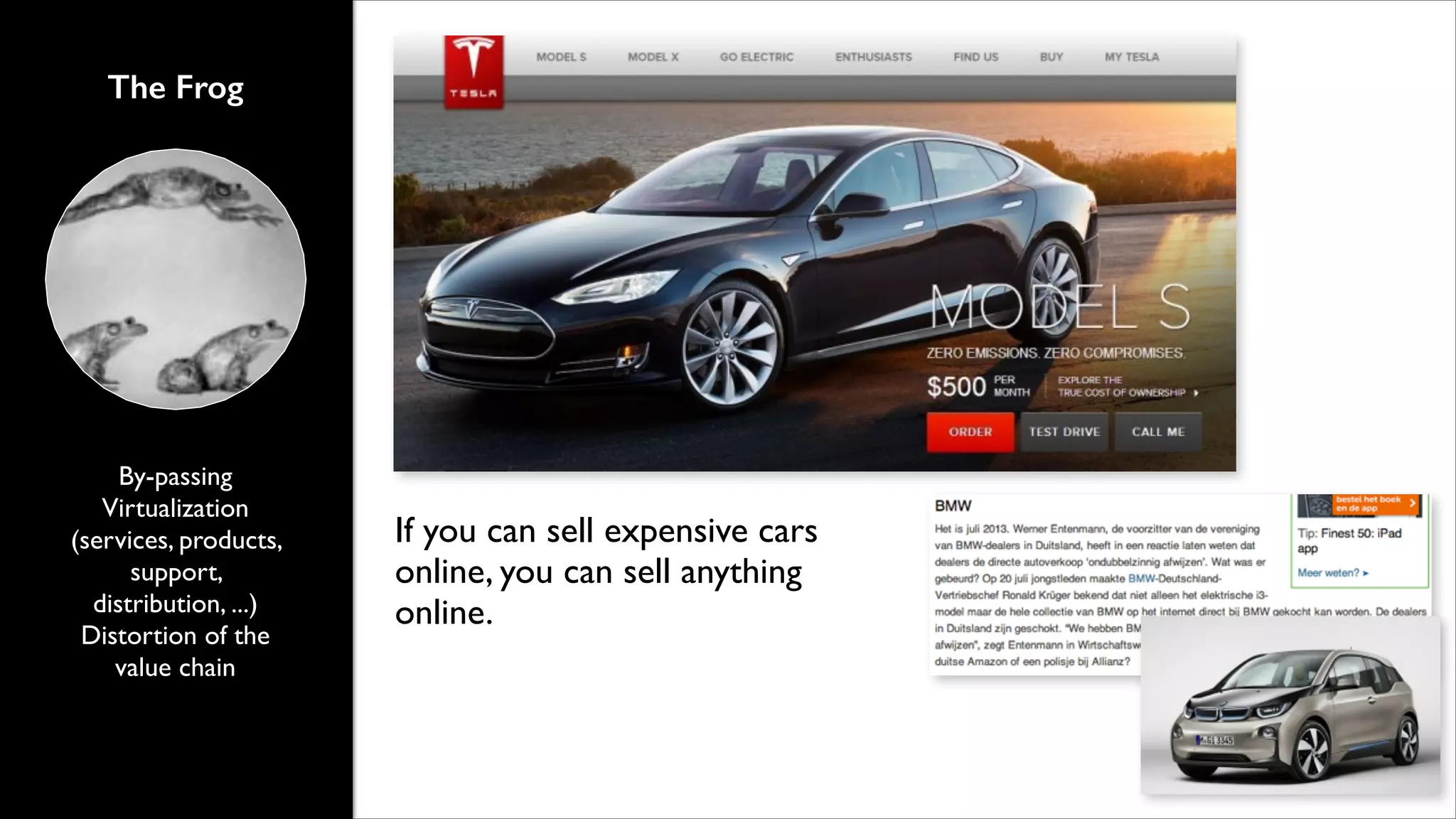 The Frog

By-passing	

Virtualization
(services, products,
support,
distribution, ...)	

Distortion of the
value chain

If you can sell expensive cars
online, you can sell anything
online.

 