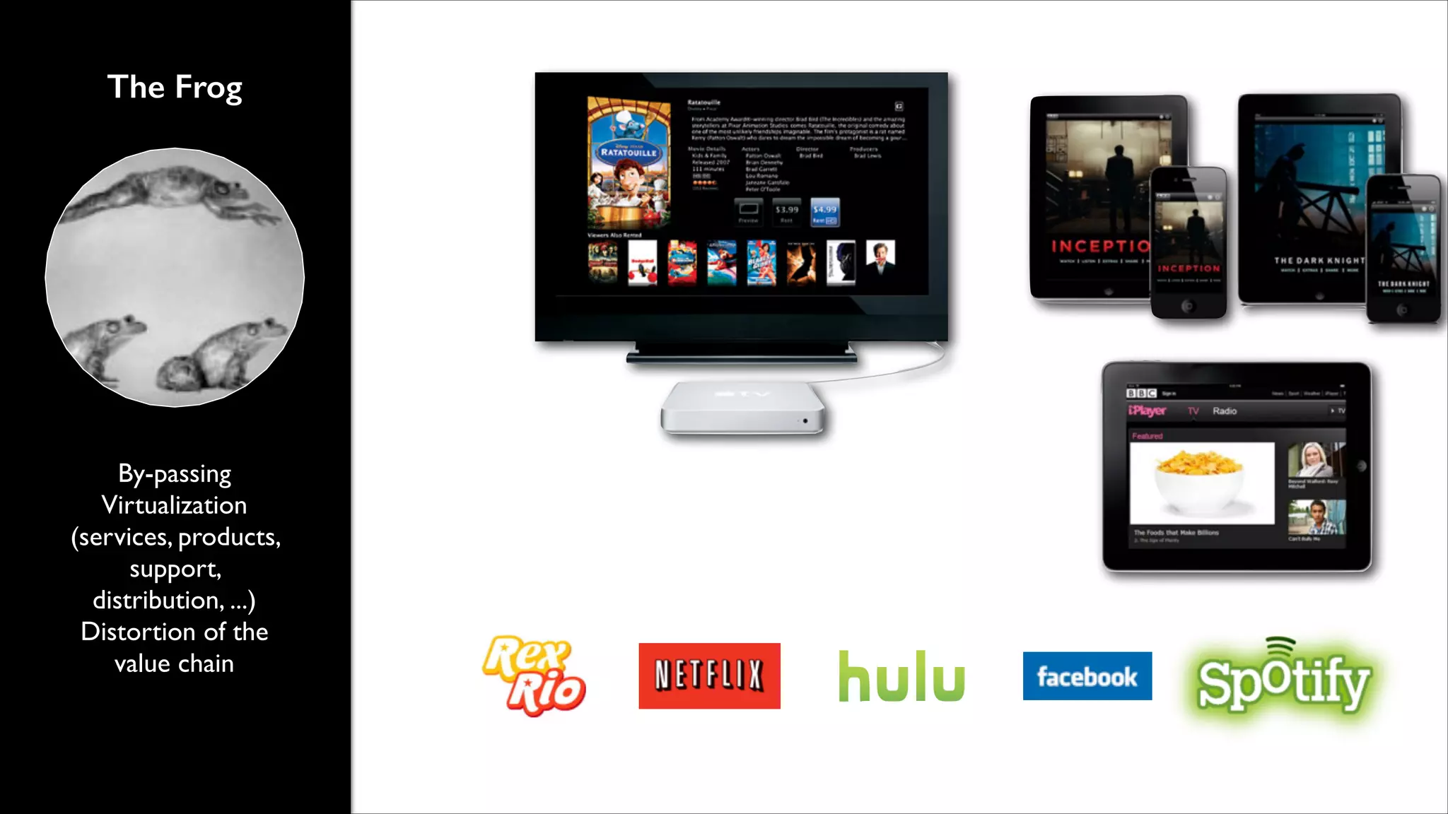 The Frog

By-passing	

Virtualization
(services, products,
support,
distribution, ...)	

Distortion of the
value chain

 