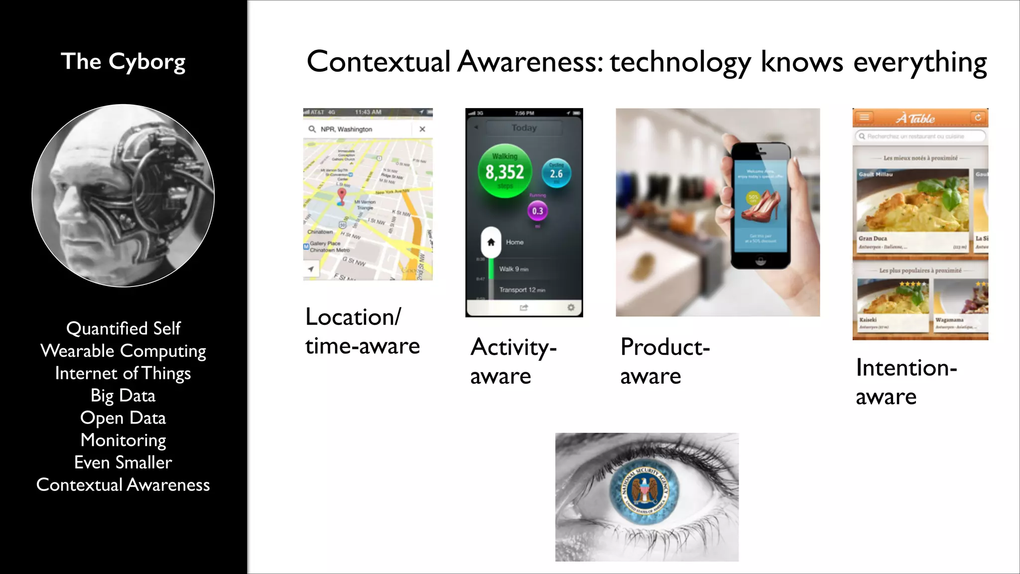 The Cyborg

Quantiﬁed Self	

Wearable Computing	

Internet of Things	

Big Data	

Open Data	

Monitoring	

Even Smaller	

Contextual Awareness

Contextual Awareness: technology knows everything

Location/
time-aware

Activityaware

Productaware

Intentionaware

 