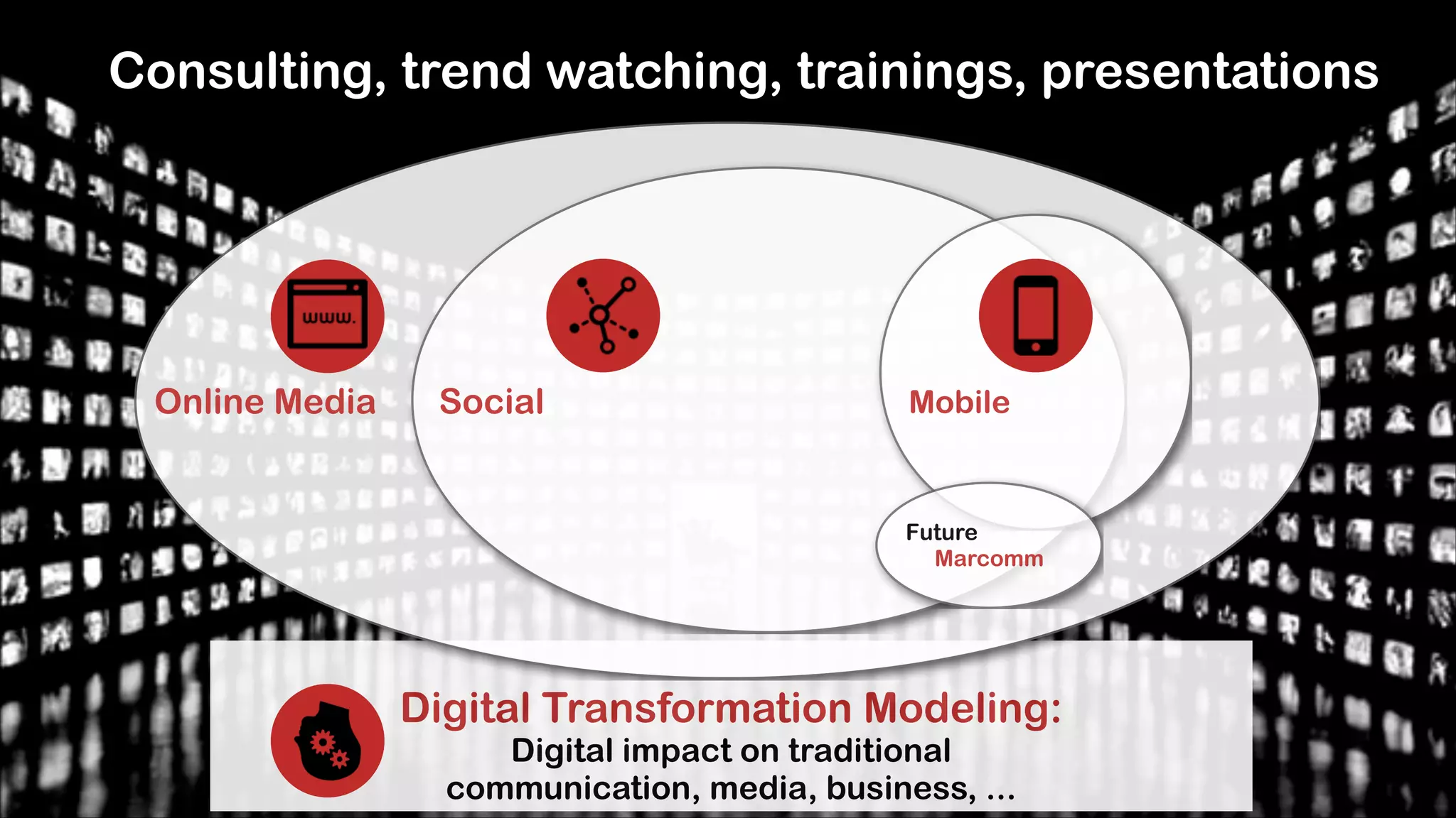 Consulting, trend watching, trainings, presentations

Online Media

Social

Mobile

Future
Marcomm

!

Digital Transformation Modeling:
Digital impact on traditional
communication, media, business, ...

 