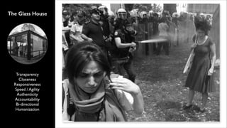 The Glass House

Transparency	

Closeness	

Responsiveness	

Speed / Agility	

Authenticity	

Accountability	

Bi-directional	

Humanization

 