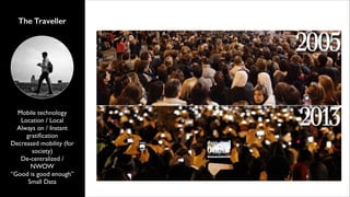 The Traveller

Mobile technology	

Location / Local	

Always on / Instant
gratiﬁcation	

Decreased mobility (for
society)	

De-centralized /
NWOW	

“Good is good enough”	

Small Data

 